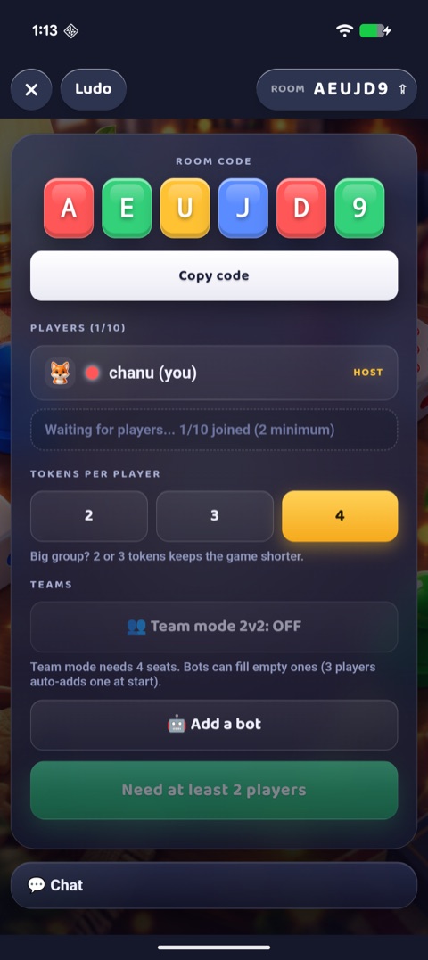 Ludo lobby on Android with the room code