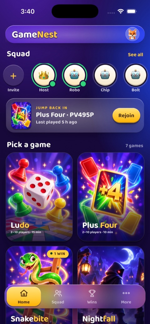 GameNest home screen