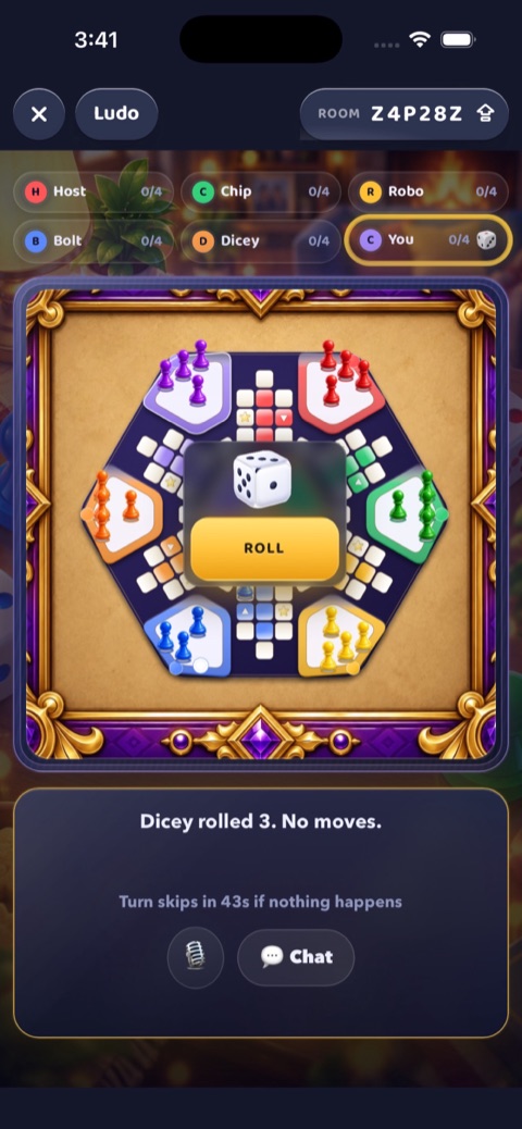 Ludo, a six-player board on your roll